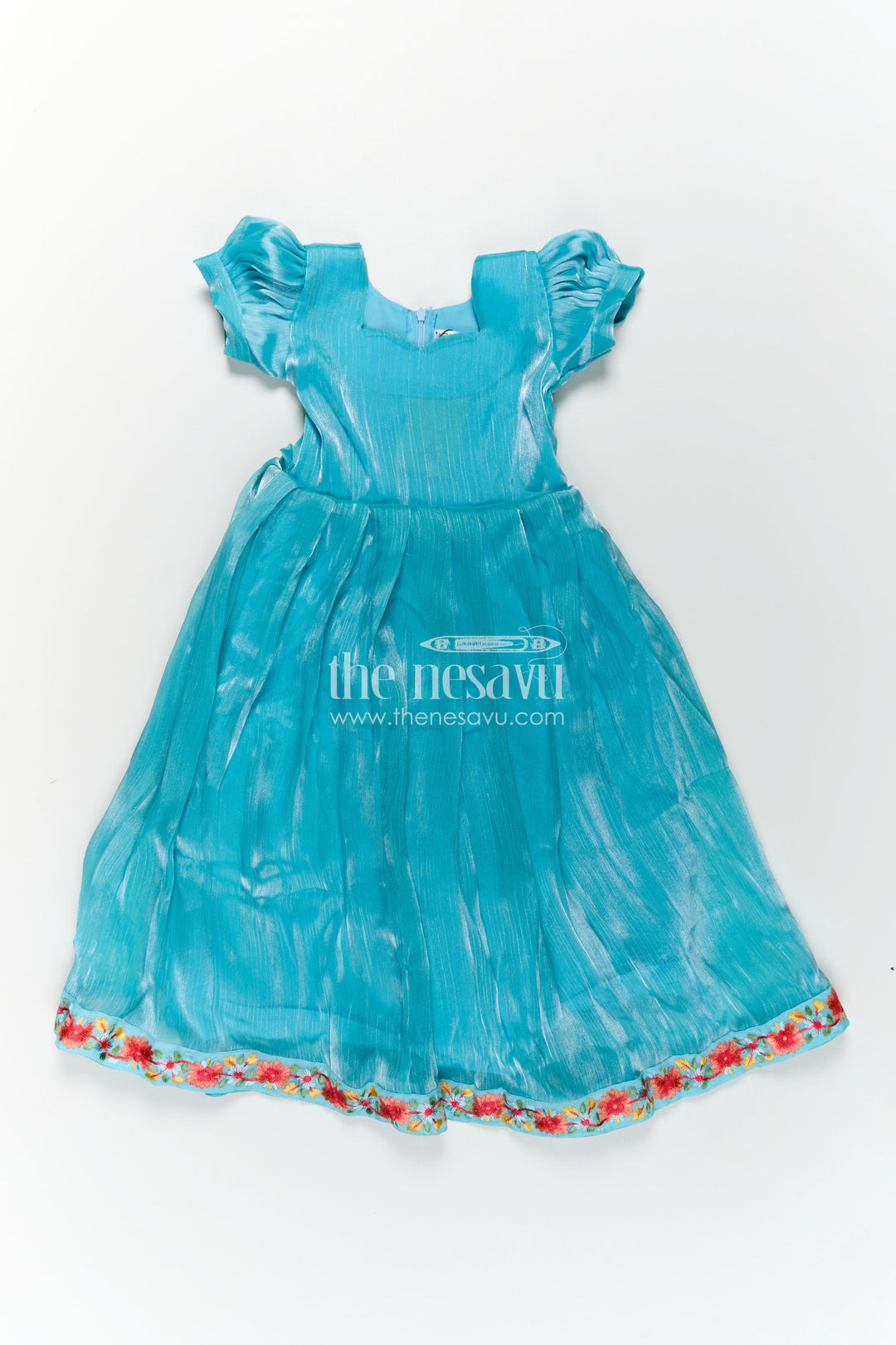 The Nesavu Girls Party Gown Girls Blue Organza Gown with Vibrant Floral Lace Work and Flowy Silhouette for Graceful Movement Nesavu 22 (4Y) / Blue GA311A-22 Girls Blue Organza Gown with Multicolor Floral Lace and Soft Pleated Party Wear Look | The Nesavu