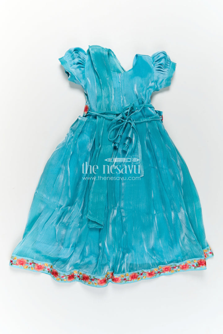 The Nesavu Girls Party Gown Girls Blue Organza Gown with Vibrant Floral Lace Work and Flowy Silhouette for Graceful Movement Nesavu 22 (4Y) / Blue GA311A-22 Girls Blue Organza Gown with Multicolor Floral Lace and Soft Pleated Party Wear Look | The Nesavu