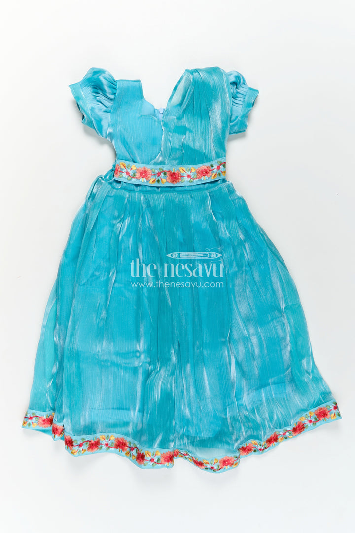 The Nesavu Girls Party Gown Girls Blue Organza Gown with Vibrant Floral Lace Work and Flowy Silhouette for Graceful Movement Nesavu 22 (4Y) / Blue GA311A-22 Girls Blue Organza Gown with Multicolor Floral Lace and Soft Pleated Party Wear Look | The Nesavu
