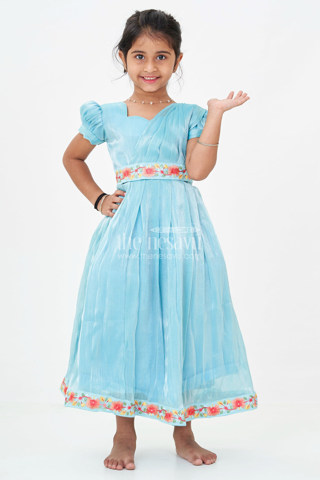 The Nesavu Girls Party Gown Girls Blue Organza Gown with Vibrant Floral Lace Work and Flowy Silhouette for Graceful Movement Nesavu 22 (4Y) / Blue GA311A-22 Girls Blue Organza Gown with Multicolor Floral Lace and Soft Pleated Party Wear Look | The Nesavu