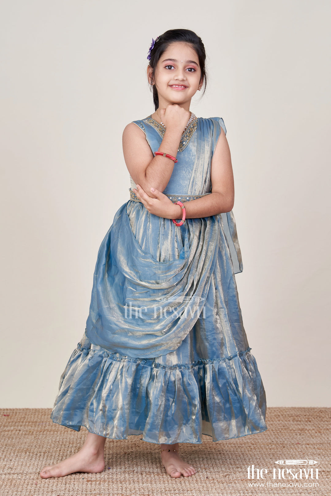 The Nesavu Girls Party Gown Girls Blue Organza Party Gown with Shimmering Glaze Finish Nesavu 24 (5Y) / Blue GA380A-24 Nesavu girls blue glazed organza party gown shimmering finish weddings celebrations