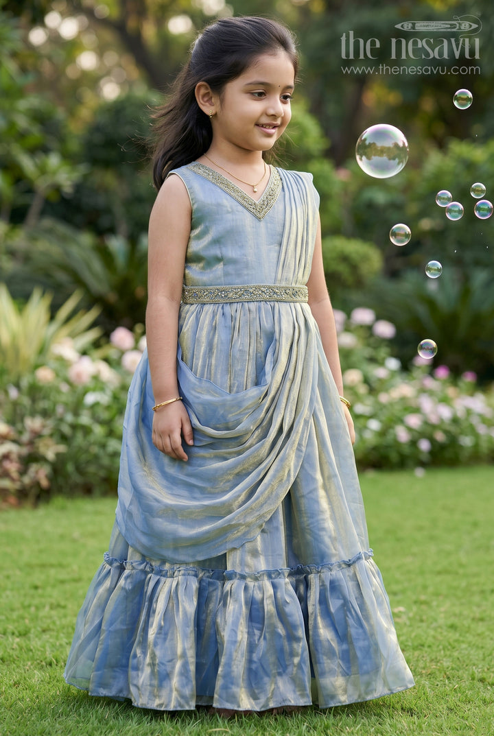 The Nesavu Girls Party Gown Girls Blue Organza Party Gown with Shimmering Glaze Finish Nesavu 24 (5Y) / Blue GA380A-24 Nesavu girls blue glazed organza party gown shimmering finish weddings celebrations