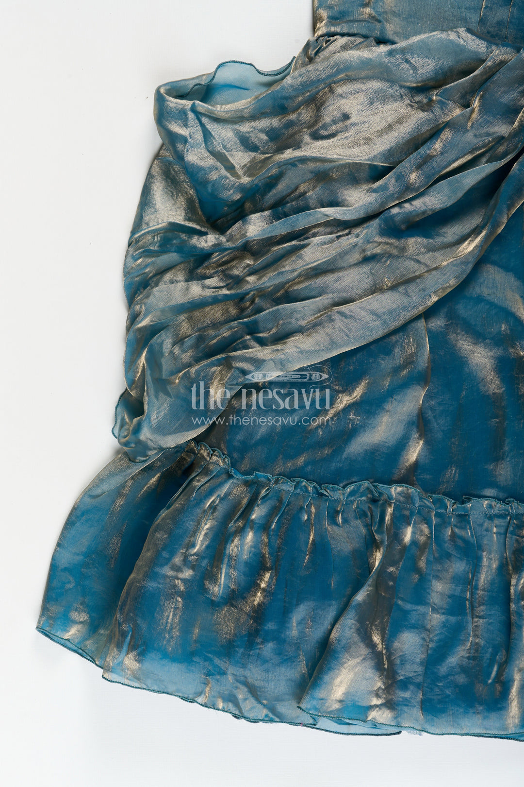 The Nesavu Girls Party Gown Girls Blue Organza Party Gown with Shimmering Glaze Finish Nesavu Nesavu girls blue glazed organza party gown shimmering finish weddings celebrations
