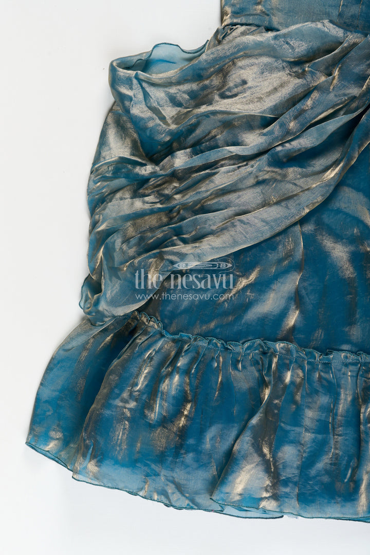 The Nesavu Girls Party Gown Girls Blue Organza Party Gown with Shimmering Glaze Finish Nesavu Nesavu girls blue glazed organza party gown shimmering finish weddings celebrations