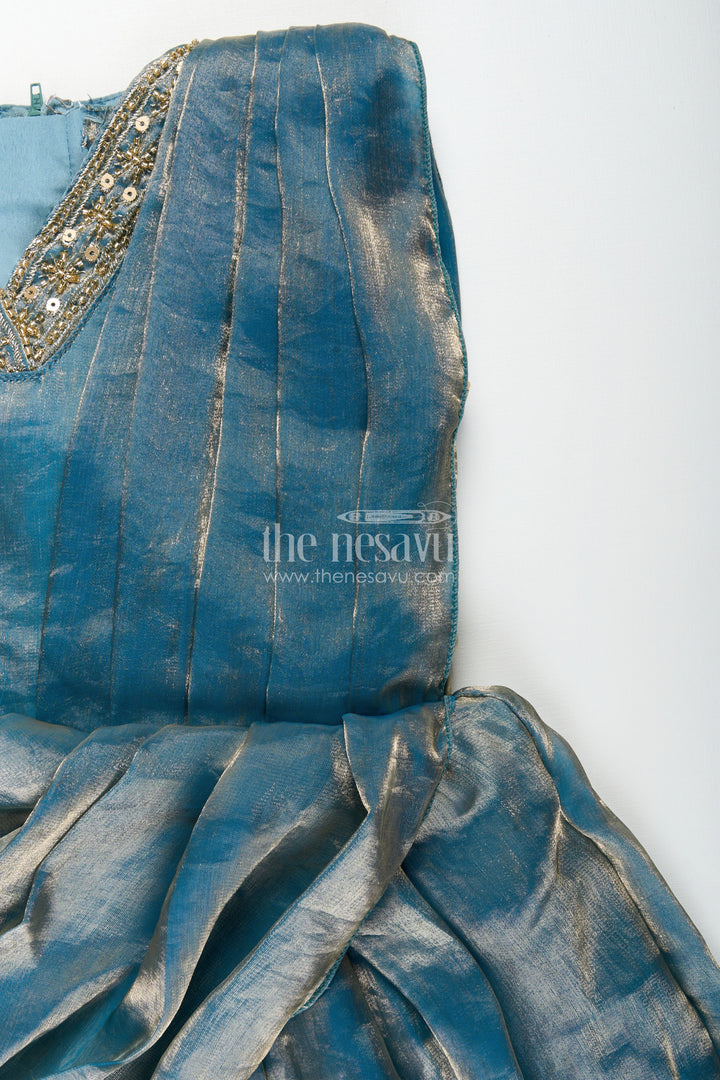 The Nesavu Girls Party Gown Girls Blue Organza Party Gown with Shimmering Glaze Finish Nesavu Nesavu girls blue glazed organza party gown shimmering finish weddings celebrations