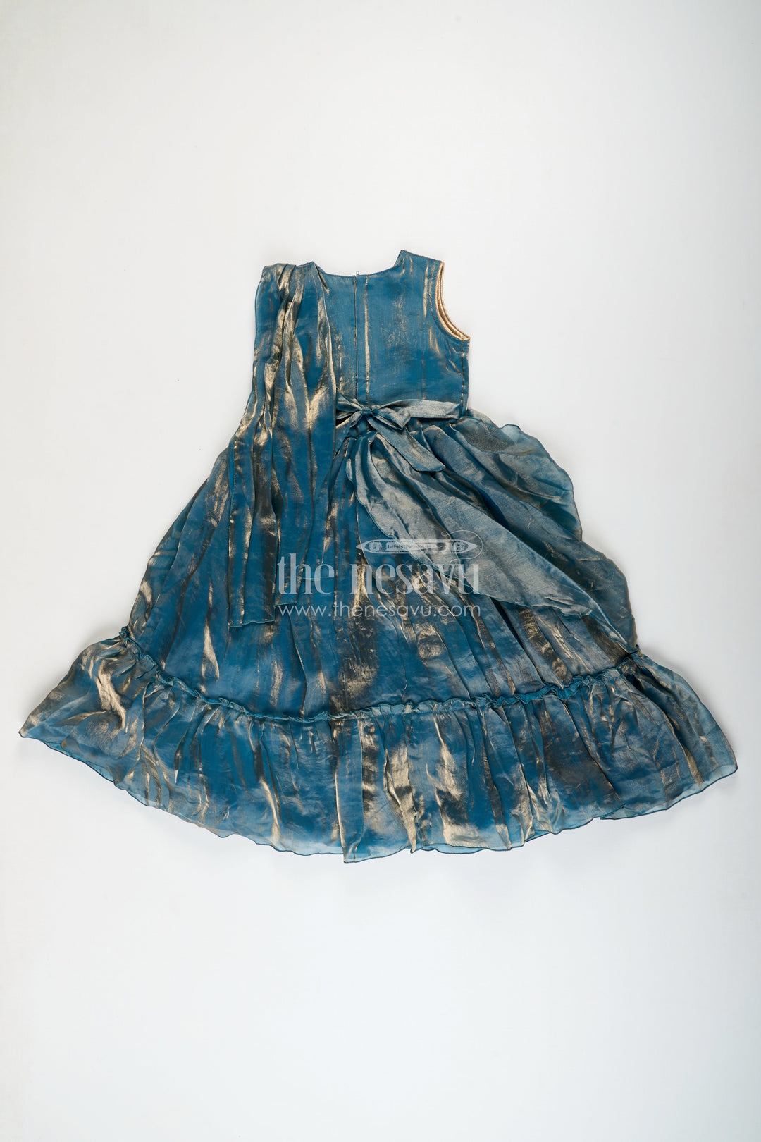 The Nesavu Girls Party Gown Girls Blue Organza Party Gown with Shimmering Glaze Finish Nesavu Nesavu girls blue glazed organza party gown shimmering finish weddings celebrations