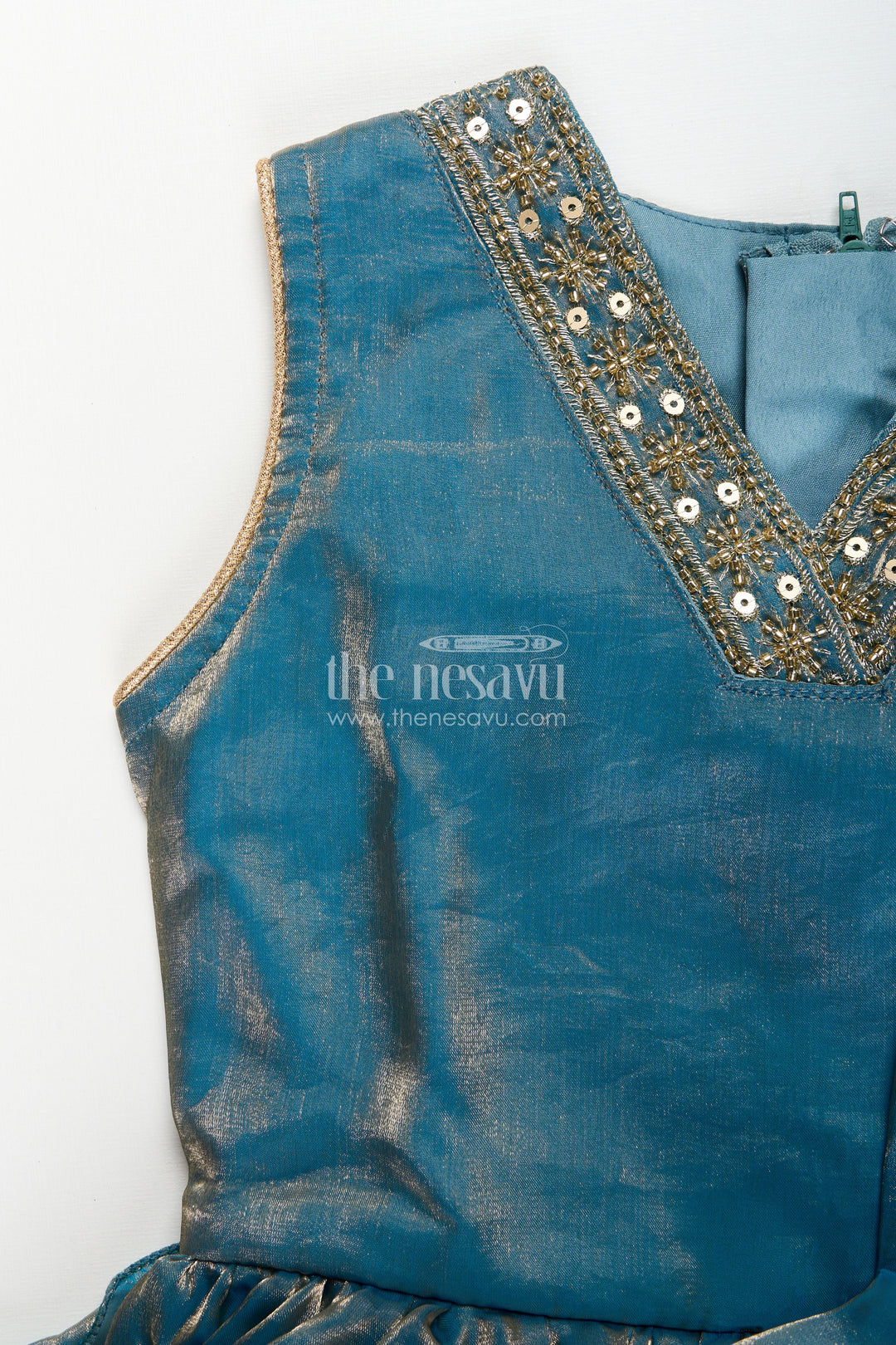 The Nesavu Girls Party Gown Girls Blue Organza Party Gown with Shimmering Glaze Finish Nesavu Nesavu girls blue glazed organza party gown shimmering finish weddings celebrations