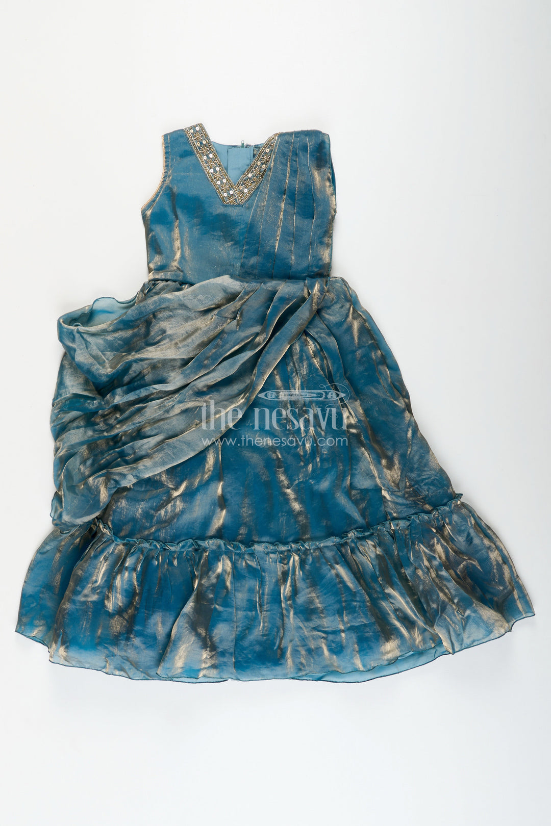 The Nesavu Girls Party Gown Girls Blue Organza Party Gown with Shimmering Glaze Finish Nesavu Nesavu girls blue glazed organza party gown shimmering finish weddings celebrations