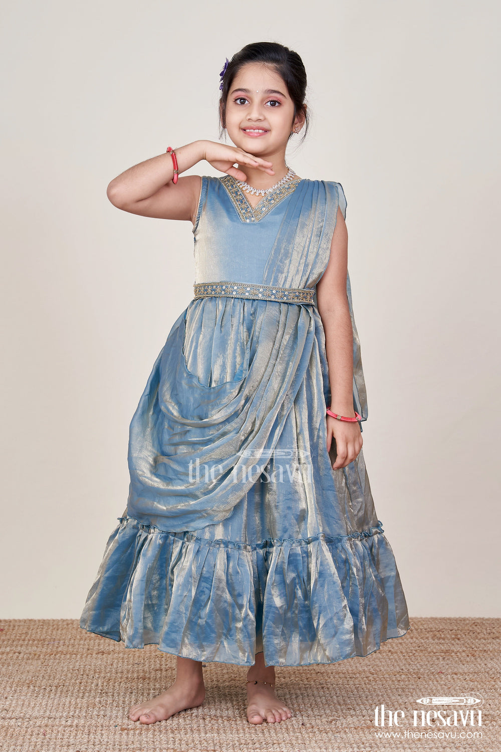 The Nesavu Girls Party Gown Girls Blue Organza Party Gown with Shimmering Glaze Finish Nesavu Nesavu girls blue glazed organza party gown shimmering finish weddings celebrations