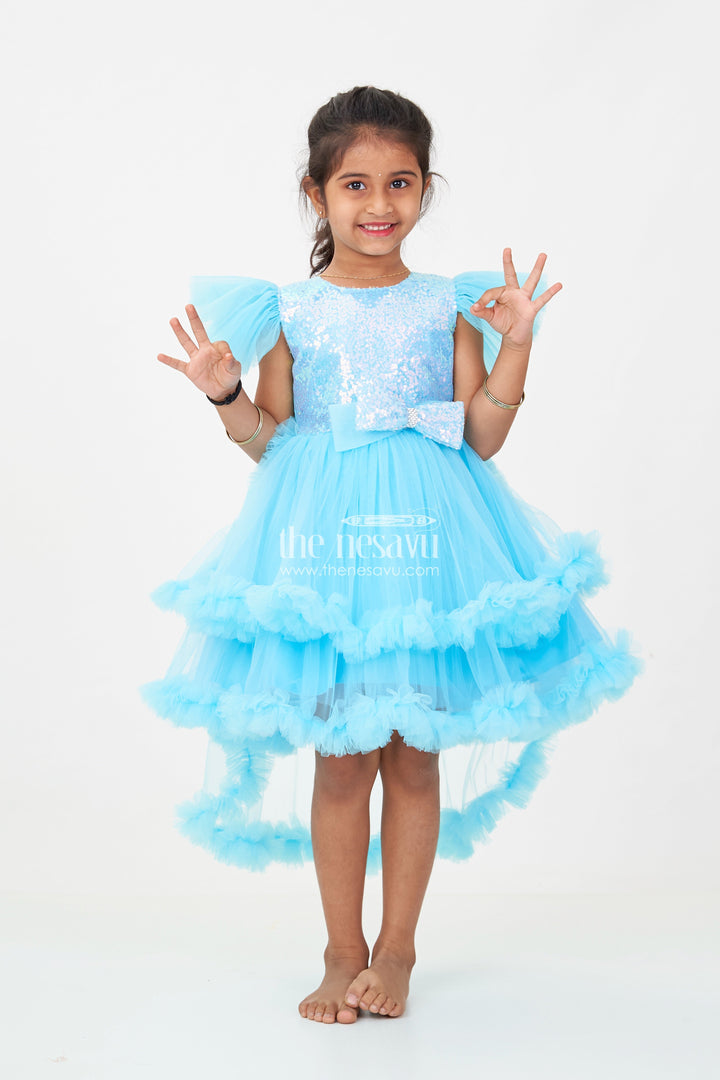 The Nesavu Girls Fancy Party Frock Girls Blue Party Dress with Sequin Bodice and High-Low Ruffled Hem Nesavu 16 (1Y) / Blue PF197C-16 Nesavu Girls Blue Party Dress Sparkling Sequin Bodice Ruffled Net Layers