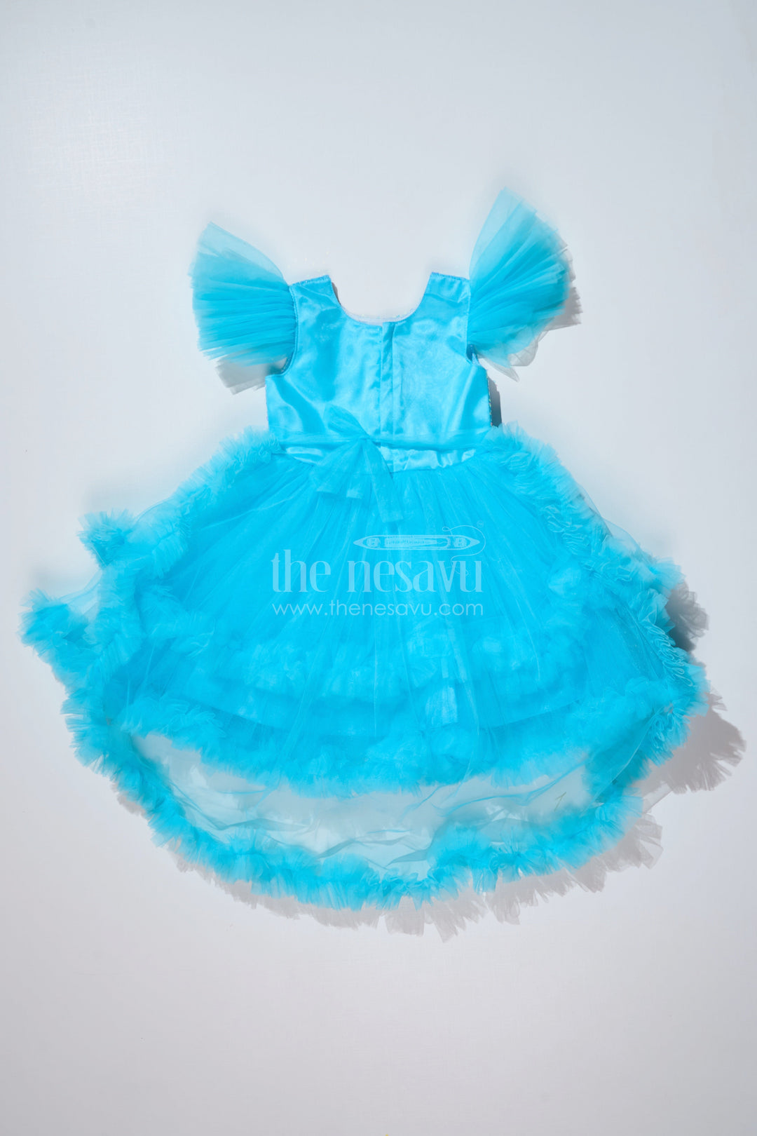The Nesavu Girls Fancy Party Frock Girls Blue Party Dress with Sequin Bodice and High-Low Ruffled Hem Nesavu Girls Blue Party Dress Sparkling Sequin Bodice Ruffled Net Layers | The Nesavu