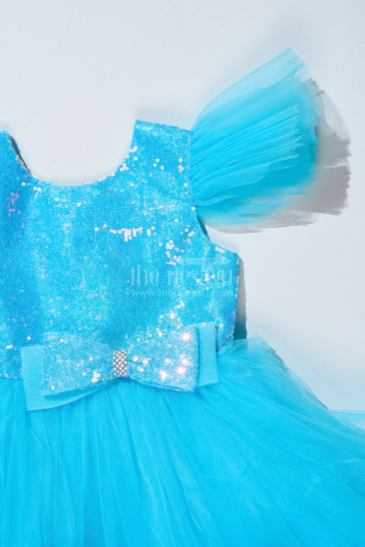 The Nesavu Girls Fancy Party Frock Girls Blue Party Dress with Sequin Bodice and High-Low Ruffled Hem Nesavu Girls Blue Party Dress Sparkling Sequin Bodice Ruffled Net Layers | The Nesavu
