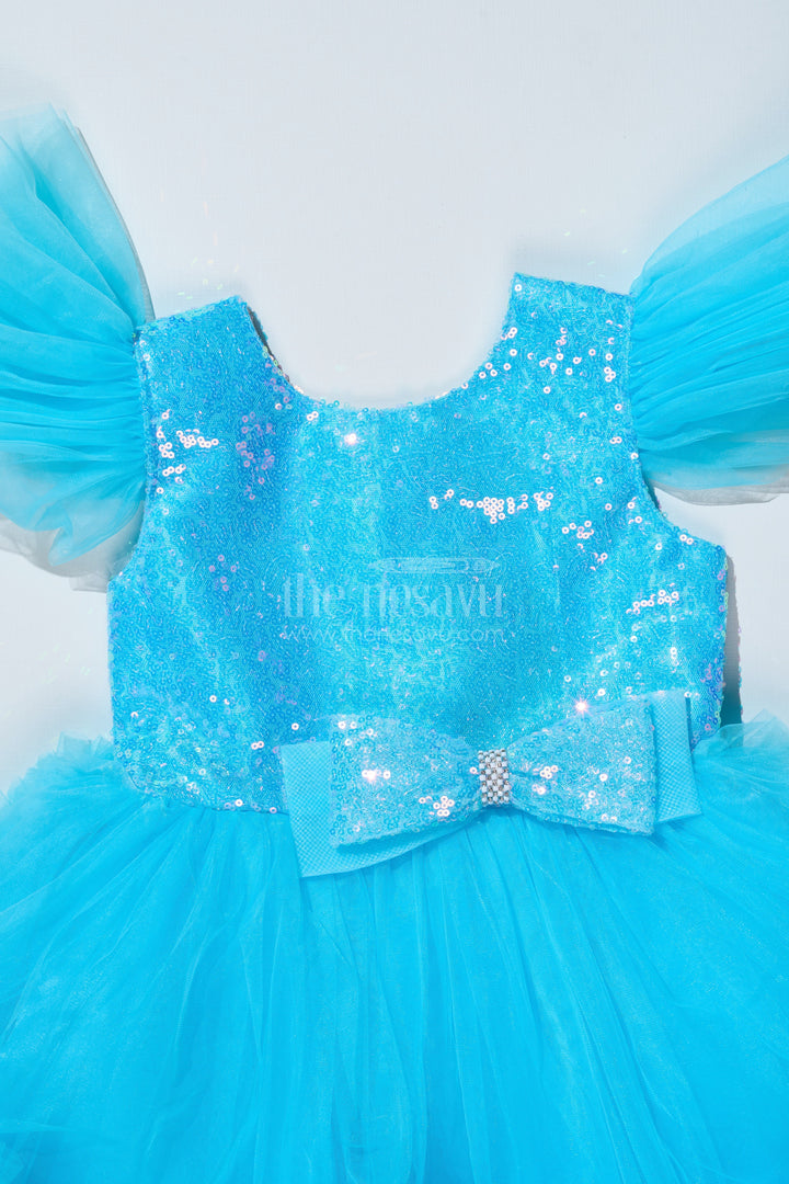 The Nesavu Girls Fancy Party Frock Girls Blue Party Dress with Sequin Bodice and High-Low Ruffled Hem Nesavu Girls Blue Party Dress Sparkling Sequin Bodice Ruffled Net Layers | The Nesavu