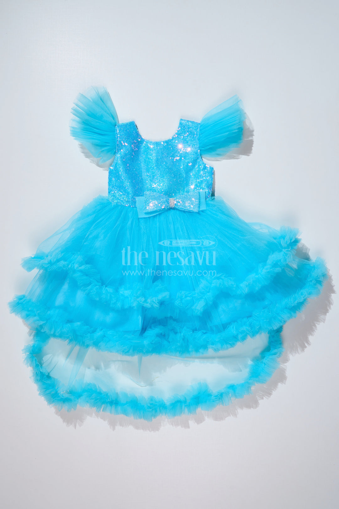 The Nesavu Girls Fancy Party Frock Girls Blue Party Dress with Sequin Bodice and High-Low Ruffled Hem Nesavu Girls Blue Party Dress Sparkling Sequin Bodice Ruffled Net Layers | The Nesavu
