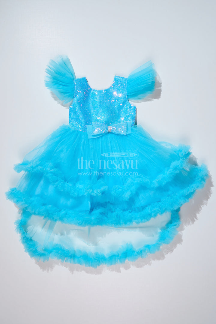 The Nesavu Girls Fancy Party Frock Girls Blue Party Dress with Sequin Bodice and High-Low Ruffled Hem Nesavu Girls Blue Party Dress Sparkling Sequin Bodice Ruffled Net Layers | The Nesavu