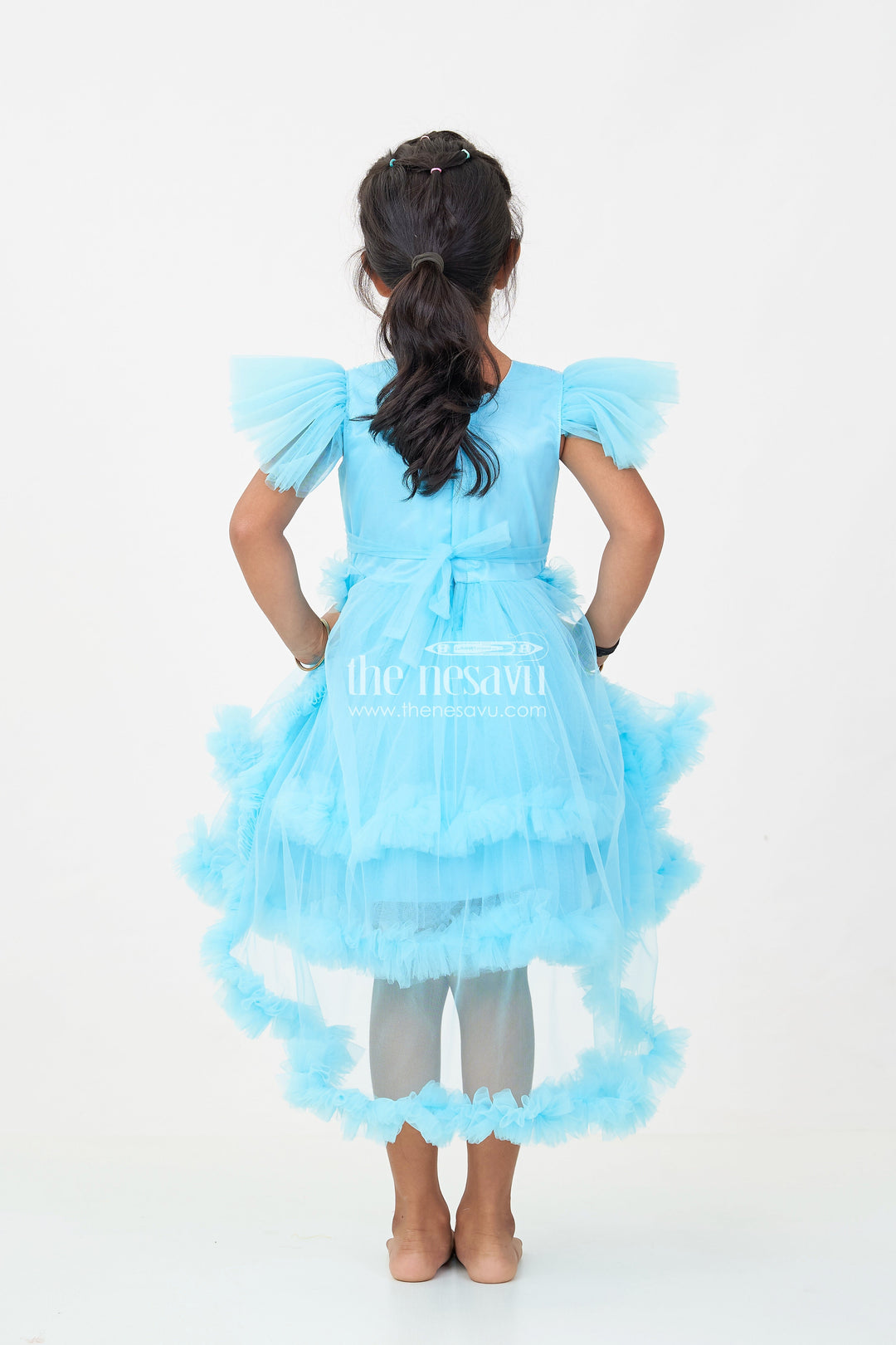 The Nesavu Girls Fancy Party Frock Girls Blue Party Dress with Sequin Bodice and High-Low Ruffled Hem Nesavu Girls Blue Party Dress Sparkling Sequin Bodice Ruffled Net Layers | The Nesavu
