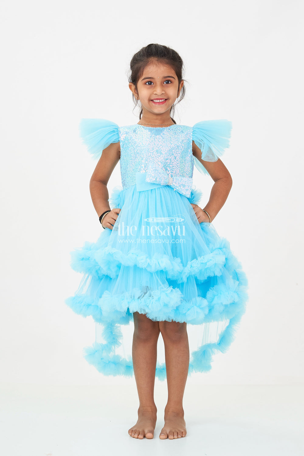 The Nesavu Girls Fancy Party Frock Girls Blue Party Dress with Sequin Bodice and High-Low Ruffled Hem Nesavu Nesavu Girls Blue Party Dress Sparkling Sequin Bodice Ruffled Net Layers