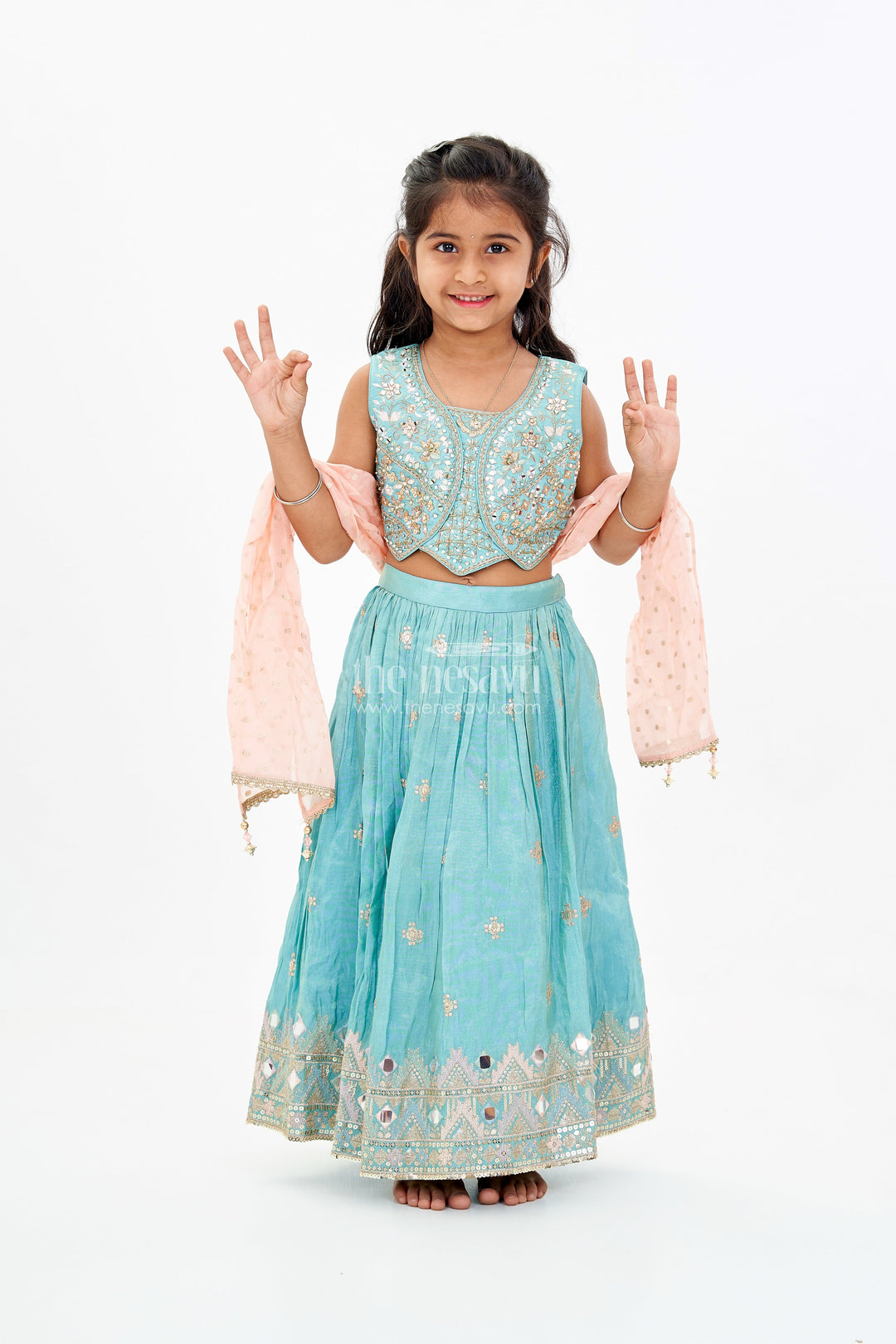 The Nesavu Girls Lehenga Choli Girls Blue Party Lehenga Dress with Embroidered Blouse and Mirror Work Detailing Nesavu 18 (2Y) / Blue GL567B-18 Girls Embroidered Blue Party Lehenga Dress Mirror Work Pink Dupatta | The Nesavu