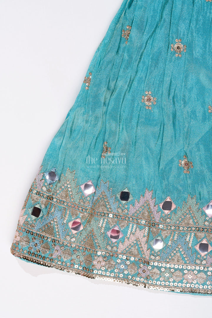 The Nesavu Girls Lehenga Choli Girls Blue Party Lehenga Dress with Embroidered Blouse and Mirror Work Detailing Nesavu Girls Embroidered Blue Party Lehenga Dress Mirror Work Pink Dupatta | The Nesavu