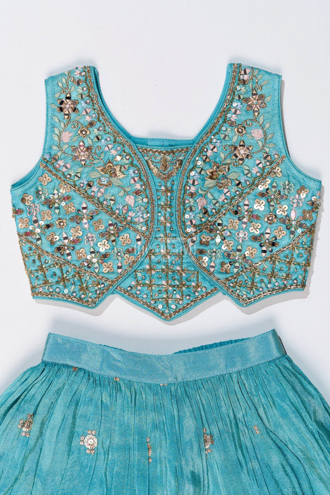 The Nesavu Girls Lehenga Choli Girls Blue Party Lehenga Dress with Embroidered Blouse and Mirror Work Detailing Nesavu Girls Embroidered Blue Party Lehenga Dress Mirror Work Pink Dupatta | The Nesavu