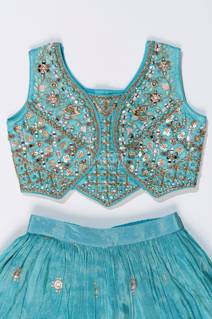 The Nesavu Girls Lehenga Choli Girls Blue Party Lehenga Dress with Embroidered Blouse and Mirror Work Detailing Nesavu Girls Embroidered Blue Party Lehenga Dress Mirror Work Pink Dupatta | The Nesavu
