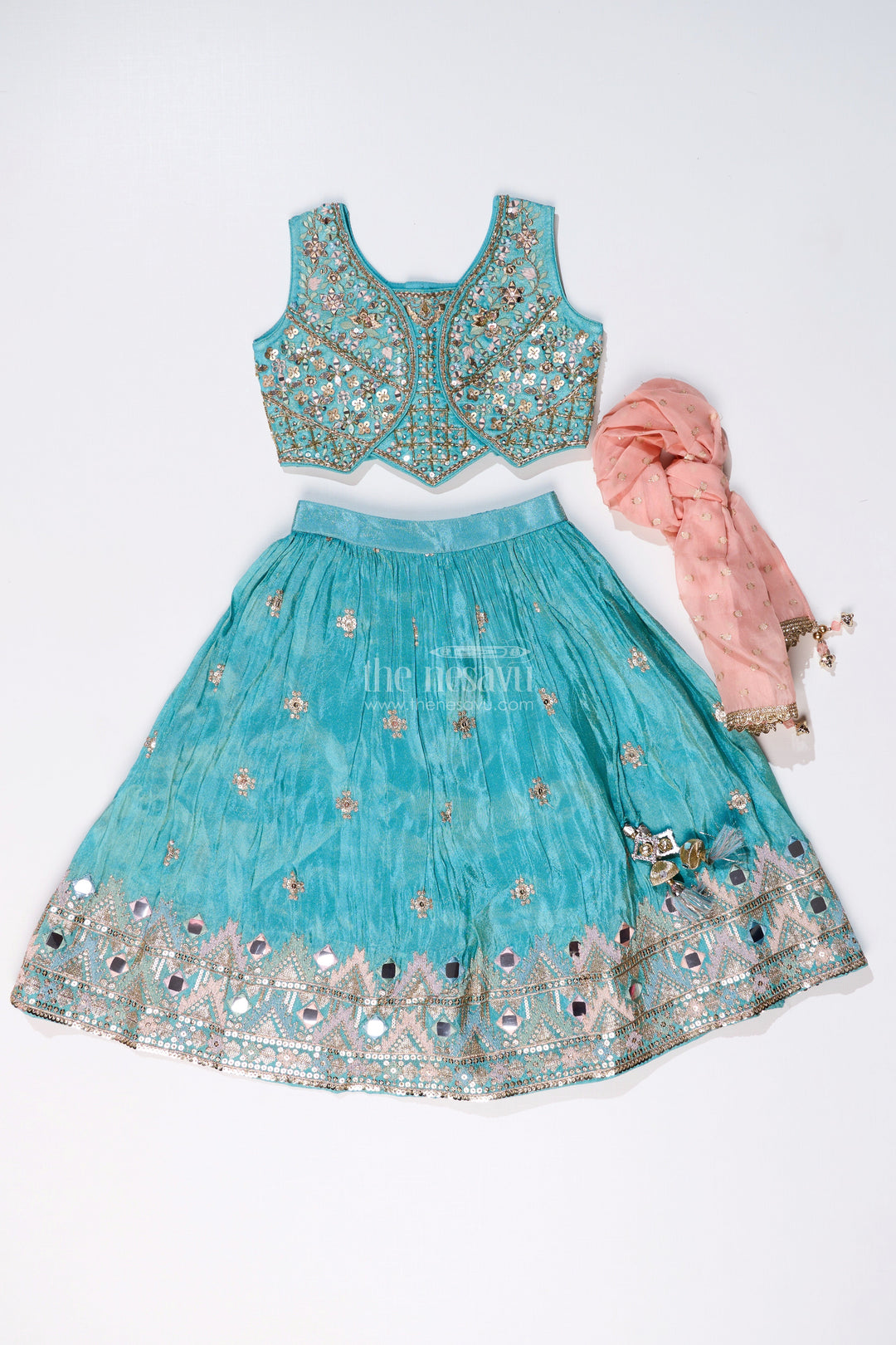 The Nesavu Girls Lehenga Choli Girls Blue Party Lehenga Dress with Embroidered Blouse and Mirror Work Detailing Nesavu Girls Embroidered Blue Party Lehenga Dress Mirror Work Pink Dupatta | The Nesavu