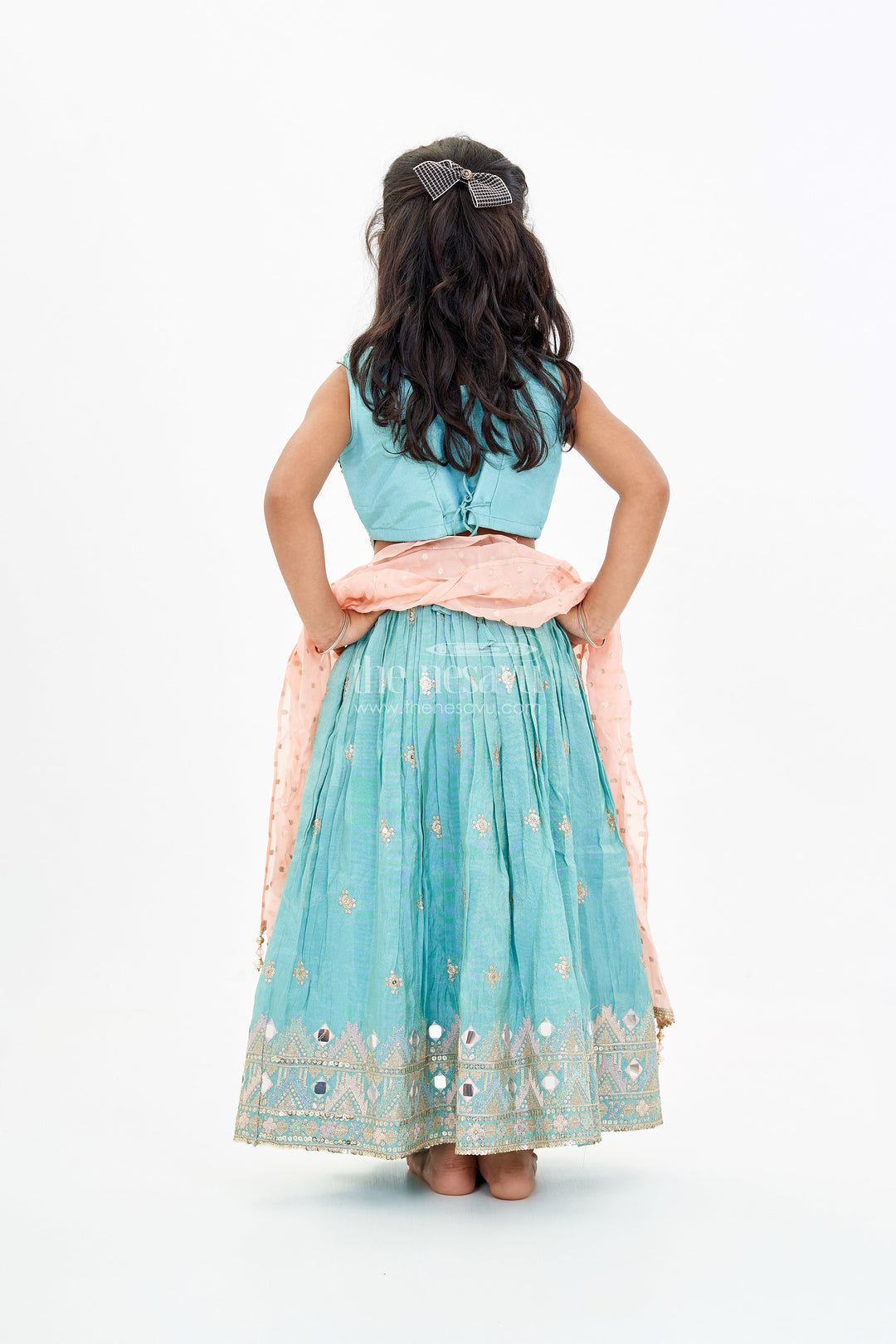 The Nesavu Girls Lehenga Choli Girls Blue Party Lehenga Dress with Embroidered Blouse and Mirror Work Detailing Nesavu Girls Embroidered Blue Party Lehenga Dress Mirror Work Pink Dupatta | The Nesavu