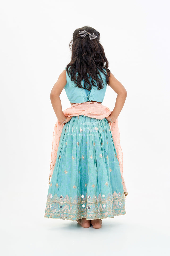 The Nesavu Girls Lehenga Choli Girls Blue Party Lehenga Dress with Embroidered Blouse and Mirror Work Detailing Nesavu Girls Embroidered Blue Party Lehenga Dress Mirror Work Pink Dupatta | The Nesavu