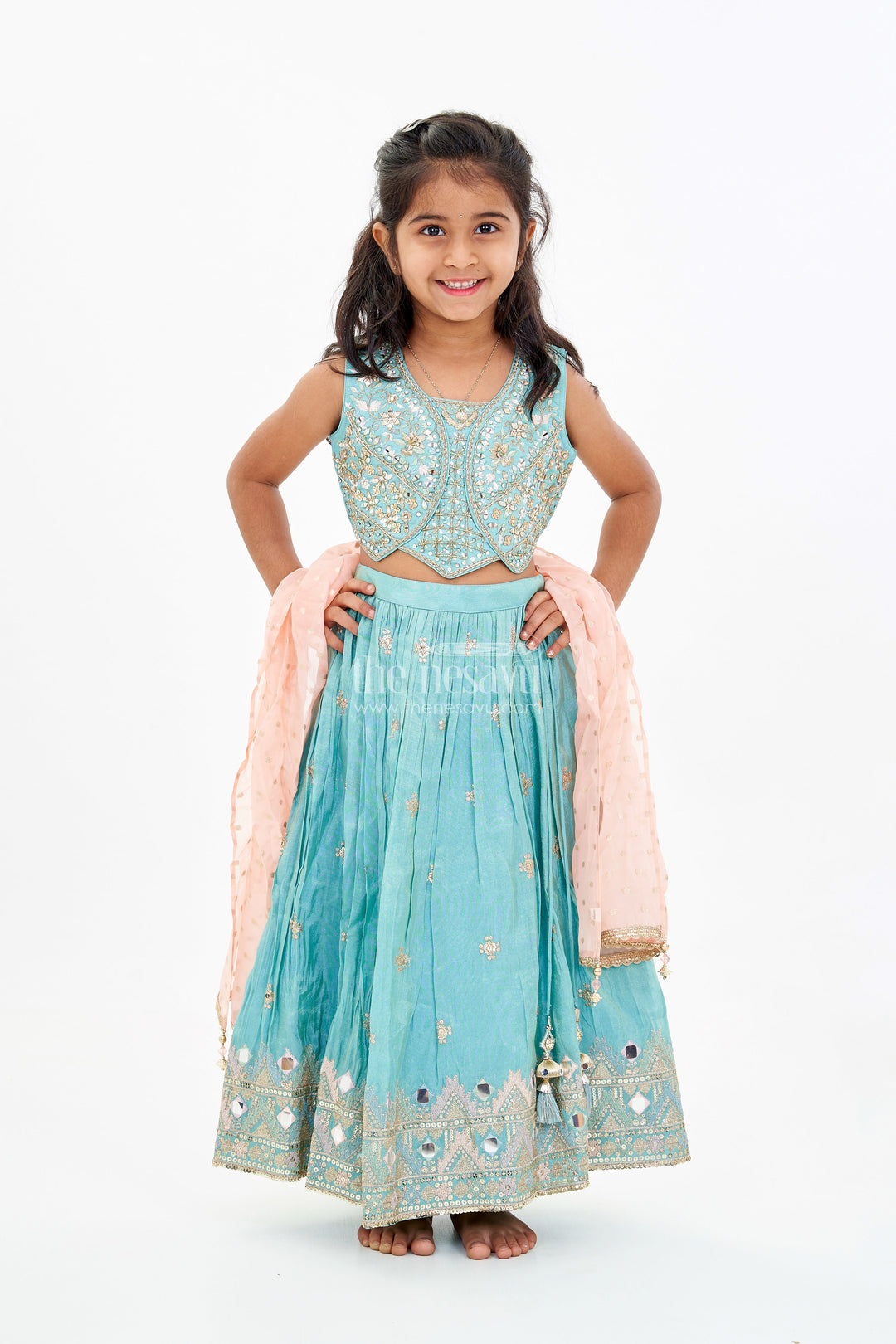 The Nesavu Girls Lehenga Choli Girls Blue Party Lehenga Dress with Embroidered Blouse and Mirror Work Detailing Nesavu Girls Embroidered Blue Party Lehenga Dress Mirror Work Pink Dupatta | The Nesavu