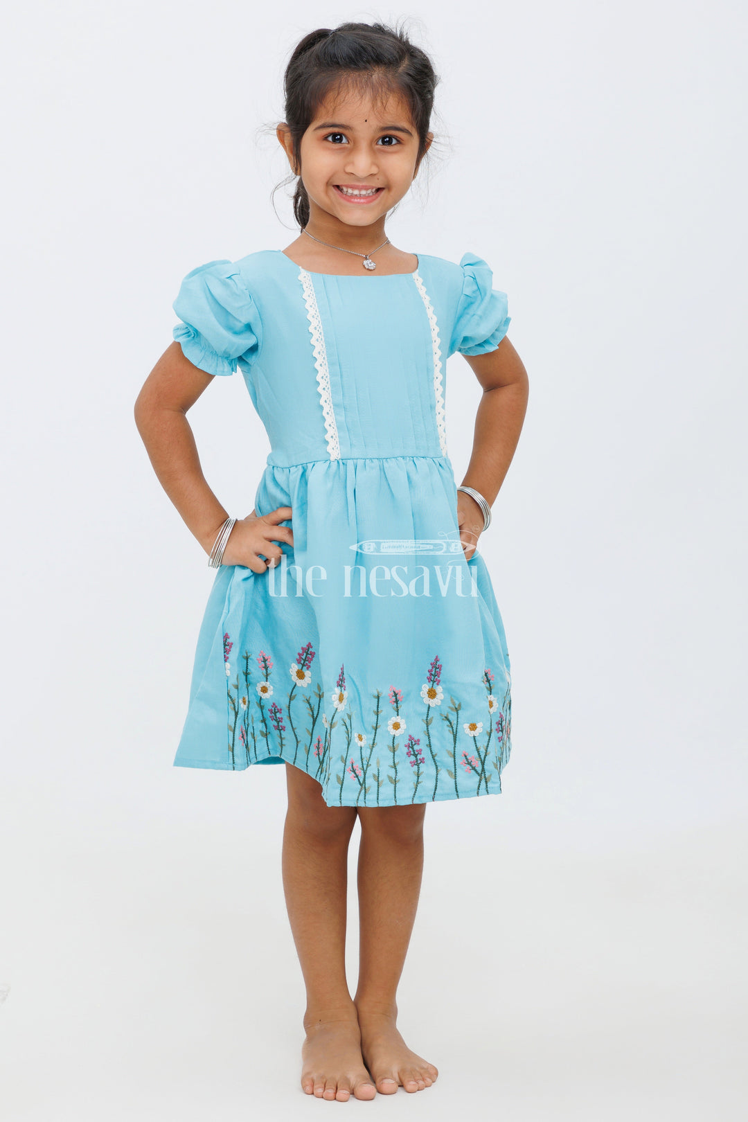 The Nesavu Girls Cotton Frock Girls Blue Pintuck Frock with Floral Embroidery and Lace Trim - Party Dress Nesavu 18 (2Y) / Blue GFC1408B-18 Nesavu Girls Blue Pintuck Frock Embroidered Floral Hemline Parties Casual Events