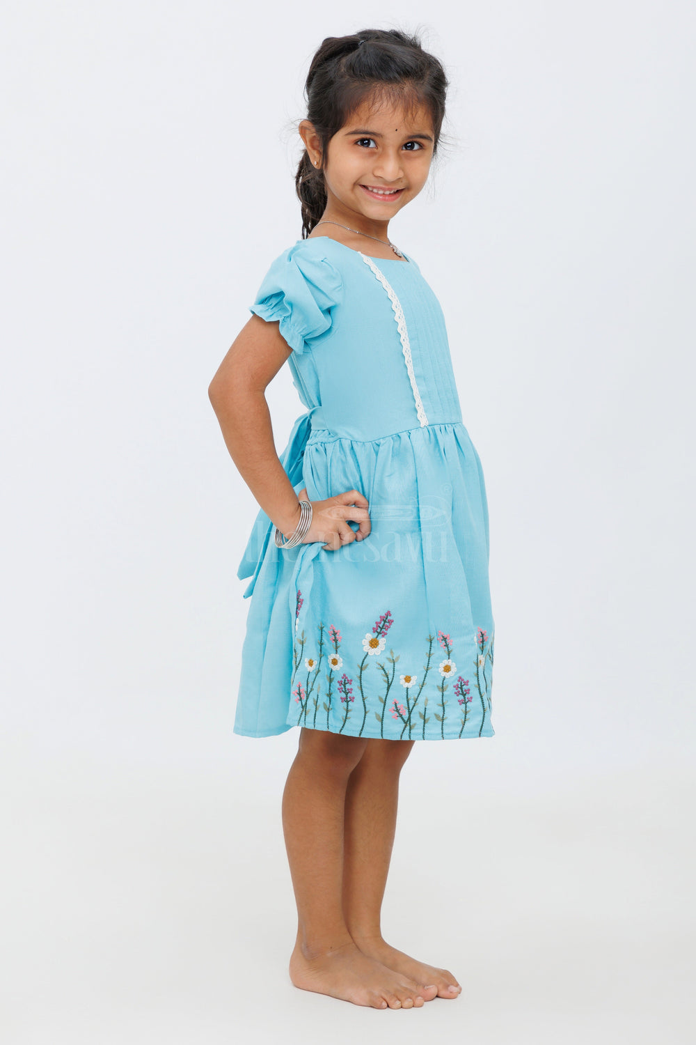 The Nesavu Girls Cotton Frock Girls Blue Pintuck Frock with Floral Embroidery and Lace Trim - Party Dress Nesavu Nesavu Girls Blue Pintuck Frock Embroidered Floral Hemline Parties Casual Events