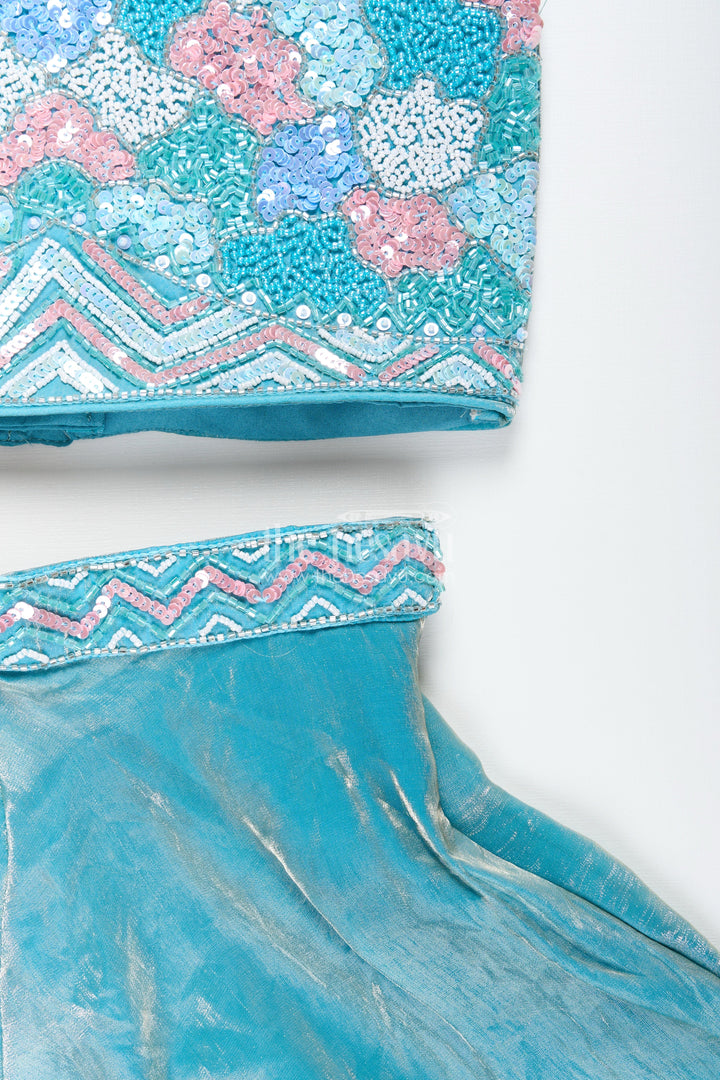 The Nesavu Girls Sharara / Plazo Set Girls blue sharara set with floral embroidered top for festive occasions Nesavu Nesavu blue sharara set girls organza silk embroidered top  festive ethnic outfit