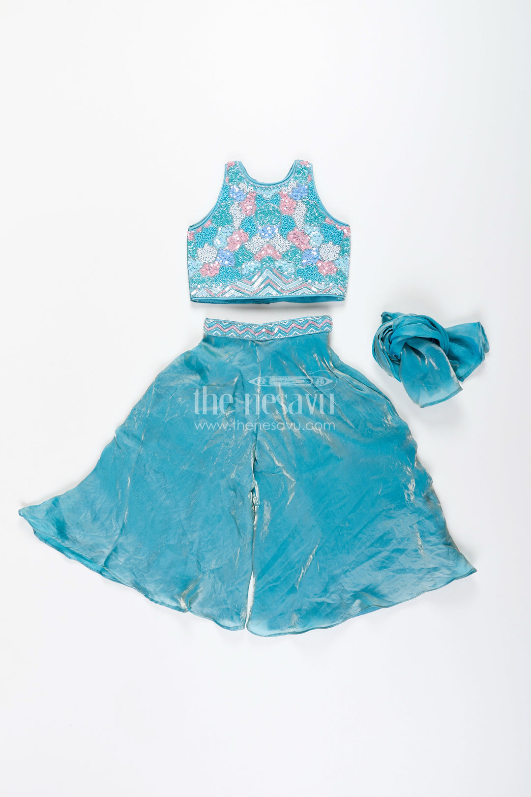 The Nesavu Girls Sharara / Plazo Set Girls blue sharara set with floral embroidered top for festive occasions Nesavu Nesavu blue sharara set girls organza silk embroidered top  festive ethnic outfit