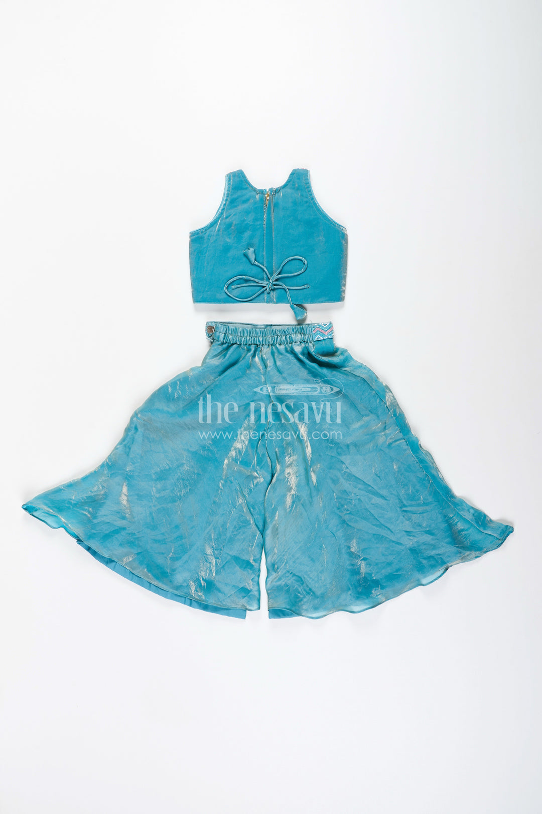 The Nesavu Girls Sharara / Plazo Set Girls blue sharara set with floral embroidered top for festive occasions Nesavu Nesavu blue sharara set girls organza silk embroidered top  festive ethnic outfit