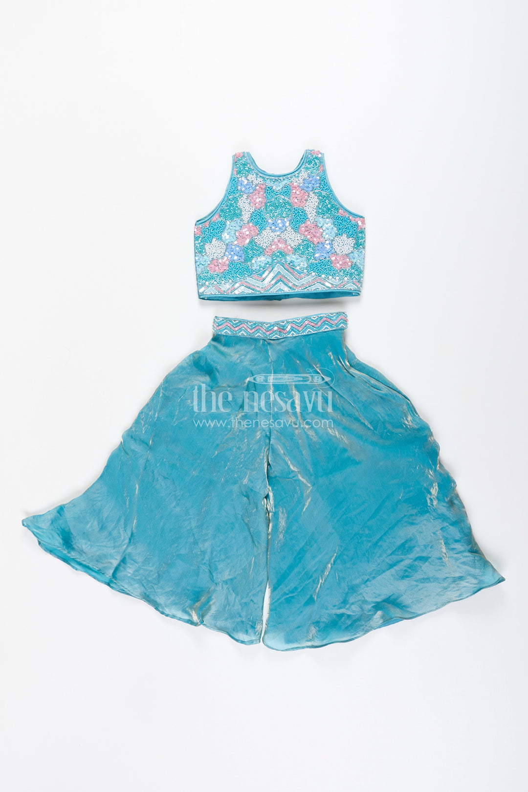 The Nesavu Girls Sharara / Plazo Set Girls blue sharara set with floral embroidered top for festive occasions Nesavu Nesavu blue sharara set girls organza silk embroidered top  festive ethnic outfit