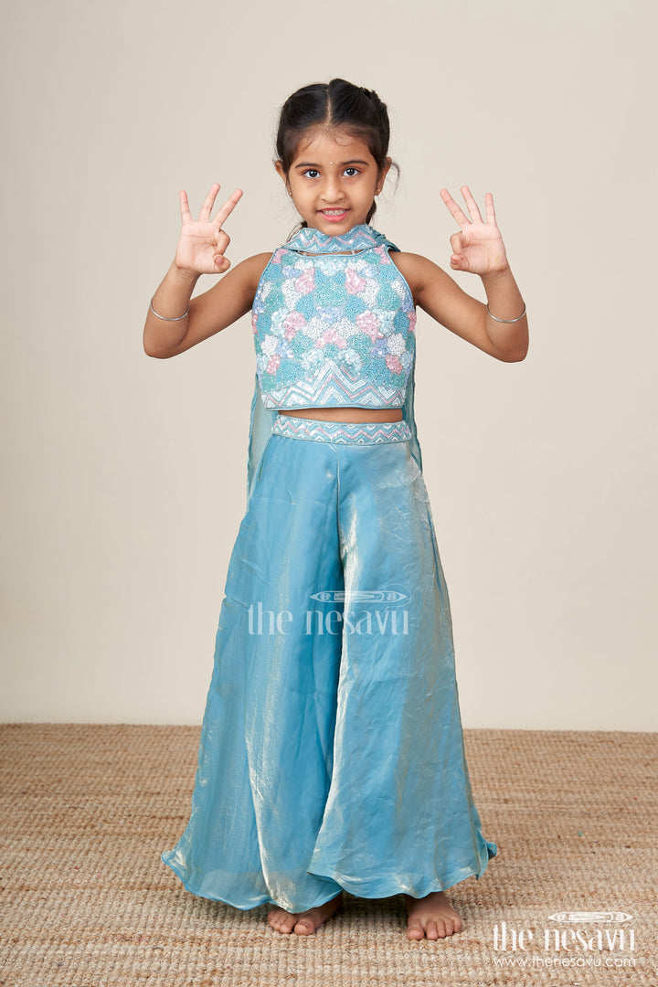 The Nesavu Girls Sharara / Plazo Set Girls Blue Sharara Set with Floral Embroidered Top for Festive Occasions Nesavu Nesavu blue sharara set girls organza silk embroidered top  festive ethnic outfit