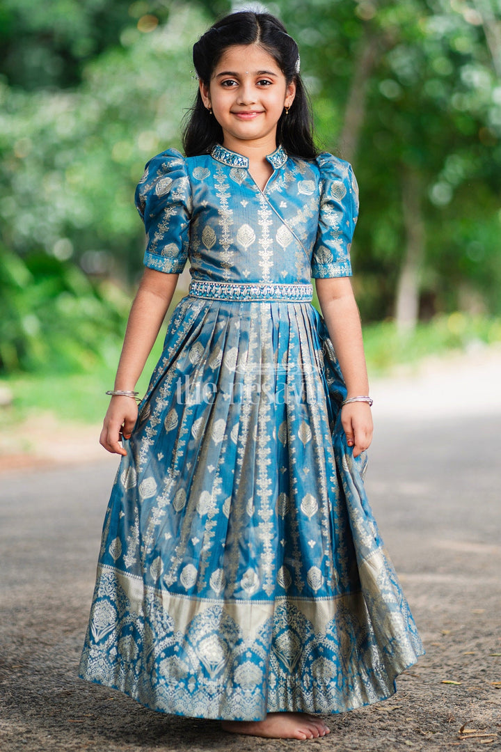 The Nesavu Girls Party Gown Girls Blue Silk Gown with Golden Borders and Intricate Embroidery for Weddings and Celebrations Nesavu 18 (2Y) / Blue GA257A-18 Nesavu Girls Blue Silk Gown Gold Embroidery Pleated Skirt Festive Wedding Celebrations