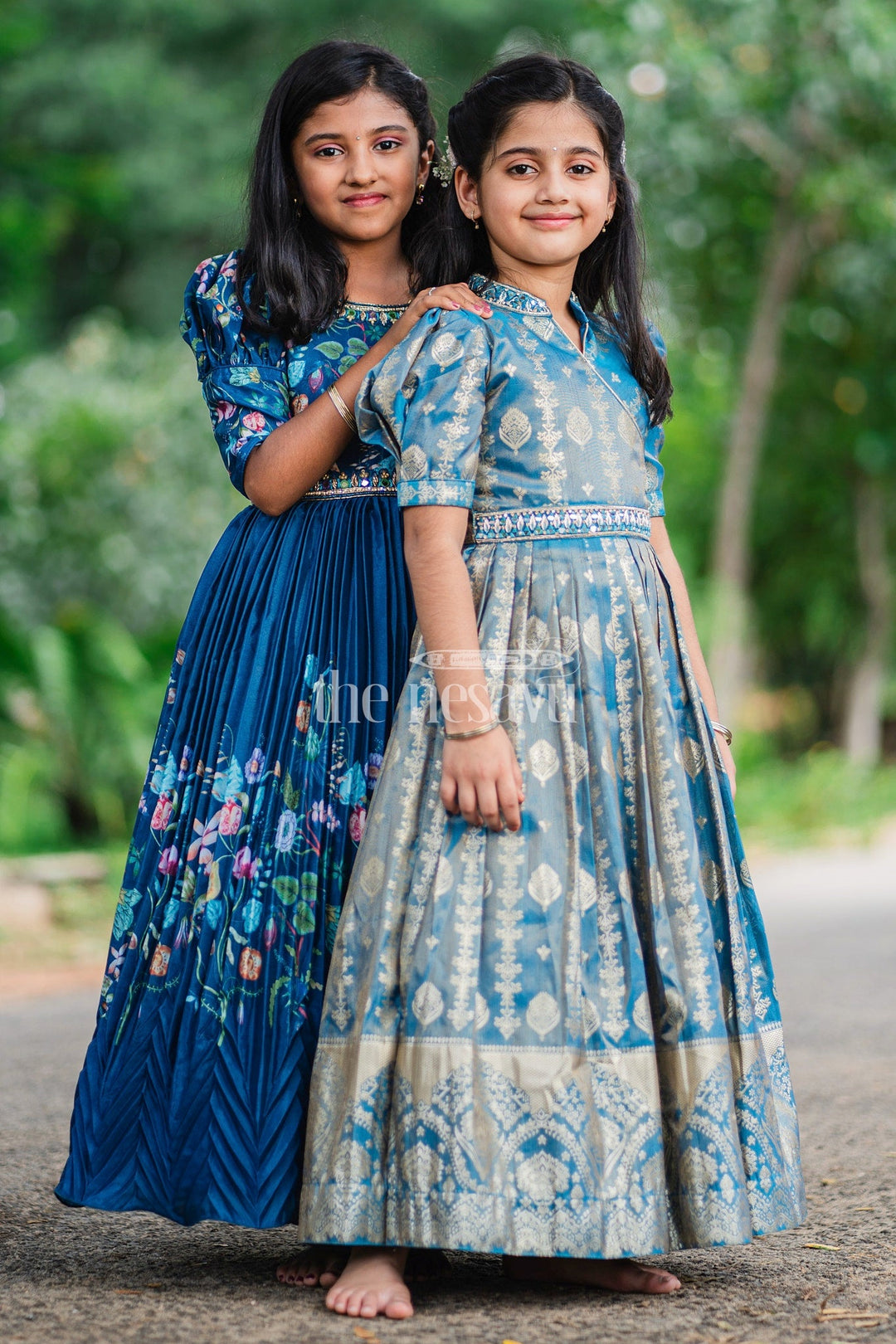 The Nesavu Girls Party Gown Girls Blue Silk Gown with Golden Borders and Intricate Embroidery for Weddings and Celebrations Nesavu Nesavu Girls Blue Silk Gown Gold Embroidery Pleated Skirt Festive Wedding Celebrations