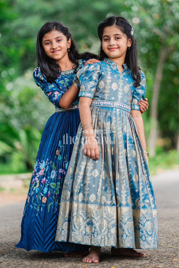 The Nesavu Girls Party Gown Girls Blue Silk Gown with Golden Borders and Intricate Embroidery for Weddings and Celebrations Nesavu Nesavu Girls Blue Silk Gown Gold Embroidery Pleated Skirt Festive Wedding Celebrations