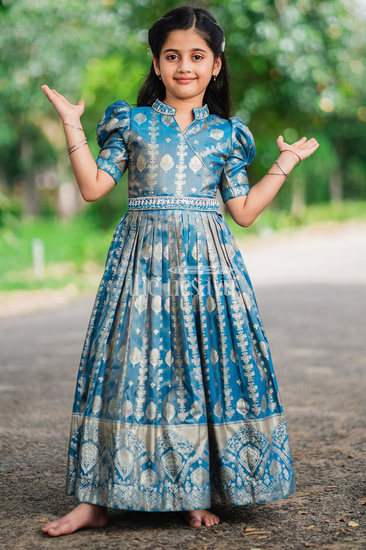 The Nesavu Girls Party Gown Girls Blue Silk Gown with Golden Borders and Intricate Embroidery for Weddings and Celebrations Nesavu Nesavu Girls Blue Silk Gown Gold Embroidery Pleated Skirt Festive Wedding Celebrations