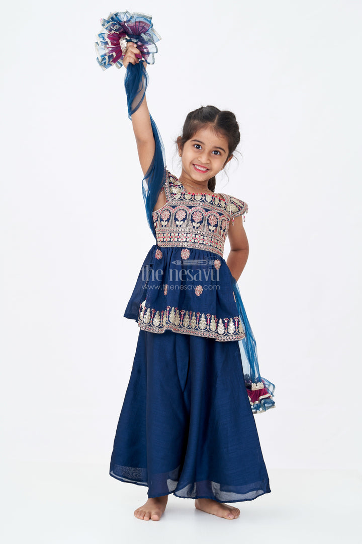 The Nesavu Girls Sharara / Plazo Set Girls Blue Sleeveless Suit Set with Georgette Fabric and Sequin Embroidery for a Regal Ethnic Look Nesavu 16 (1Y) / Blue GPS568A-16 Girls Blue Sleeveless Suit Set Georgette Sequin Embroidery Palazzo Pants | The Nesavu