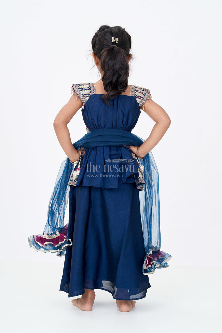 The Nesavu Girls Sharara / Plazo Set Girls Blue Sleeveless Suit Set with Georgette Fabric and Sequin Embroidery for a Regal Ethnic Look Nesavu Girls Blue Sleeveless Suit Set Georgette Sequin Embroidery Palazzo Pants | The Nesavu