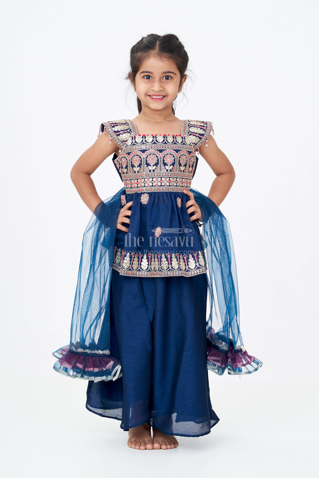 The Nesavu Girls Sharara / Plazo Set Girls Blue Sleeveless Suit Set with Georgette Fabric and Sequin Embroidery for a Regal Ethnic Look Nesavu Girls Blue Sleeveless Suit Set Georgette Sequin Embroidery Palazzo Pants | The Nesavu