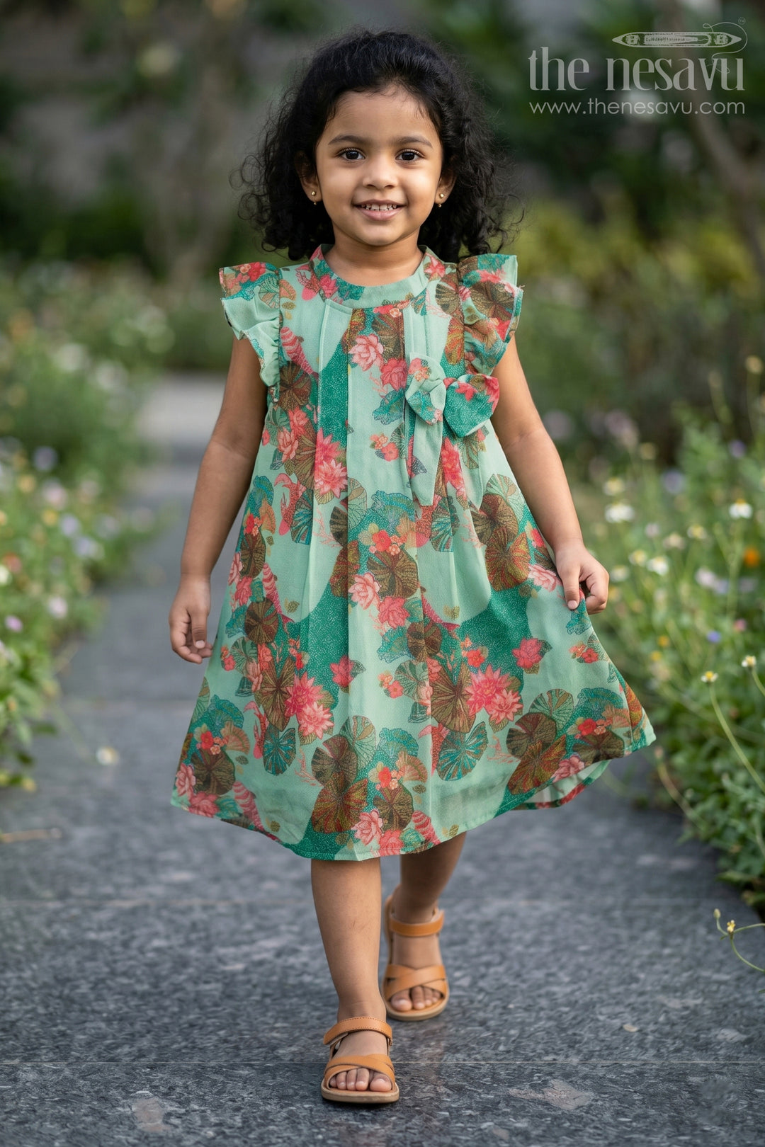 The Nesavu Girls Chanderi Frock Girls Blue Viscose Silk Frock with Lush Floral Prints Ideal for Traditional Wear for Kids Nesavu 18 (2Y) / Blue GFC1688C-18 Girls Blue Viscose Silk Frock Floral Print Ideal Traditional Wear Kids Special Celebrations | The Nesavu