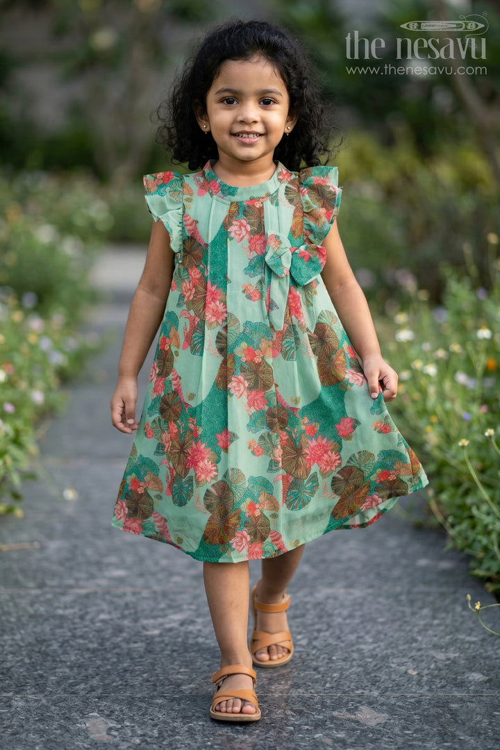 The Nesavu Girls Chanderi Frock Girls Blue Viscose Silk Frock with Lush Floral Prints Ideal for Traditional Wear for Kids Nesavu 18 (2Y) / Blue GFC1688C-18 Girls Blue Viscose Silk Frock Floral Print Ideal Traditional Wear Kids Special Celebrations | The Nesavu
