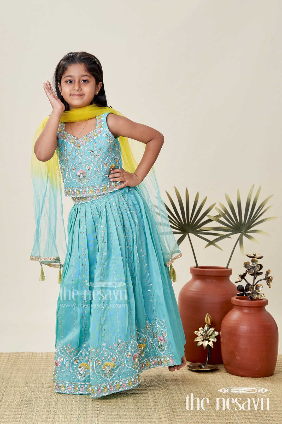 The Nesavu Girls Lehenga Choli Girls Blue Viscose Silk Lehenga Choli with Designer Embroidery Nesavu 18 (2Y) / Blue GL678A-18 Nesavu Blue Lehenga Choli Girls Embroidered Silk Set Weddings Festivals