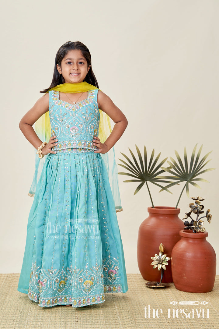 The Nesavu Girls Lehenga Choli Girls Blue Viscose Silk Lehenga Choli with Designer Embroidery Nesavu Nesavu Blue Lehenga Choli Girls Embroidered Silk Set Weddings Festivals