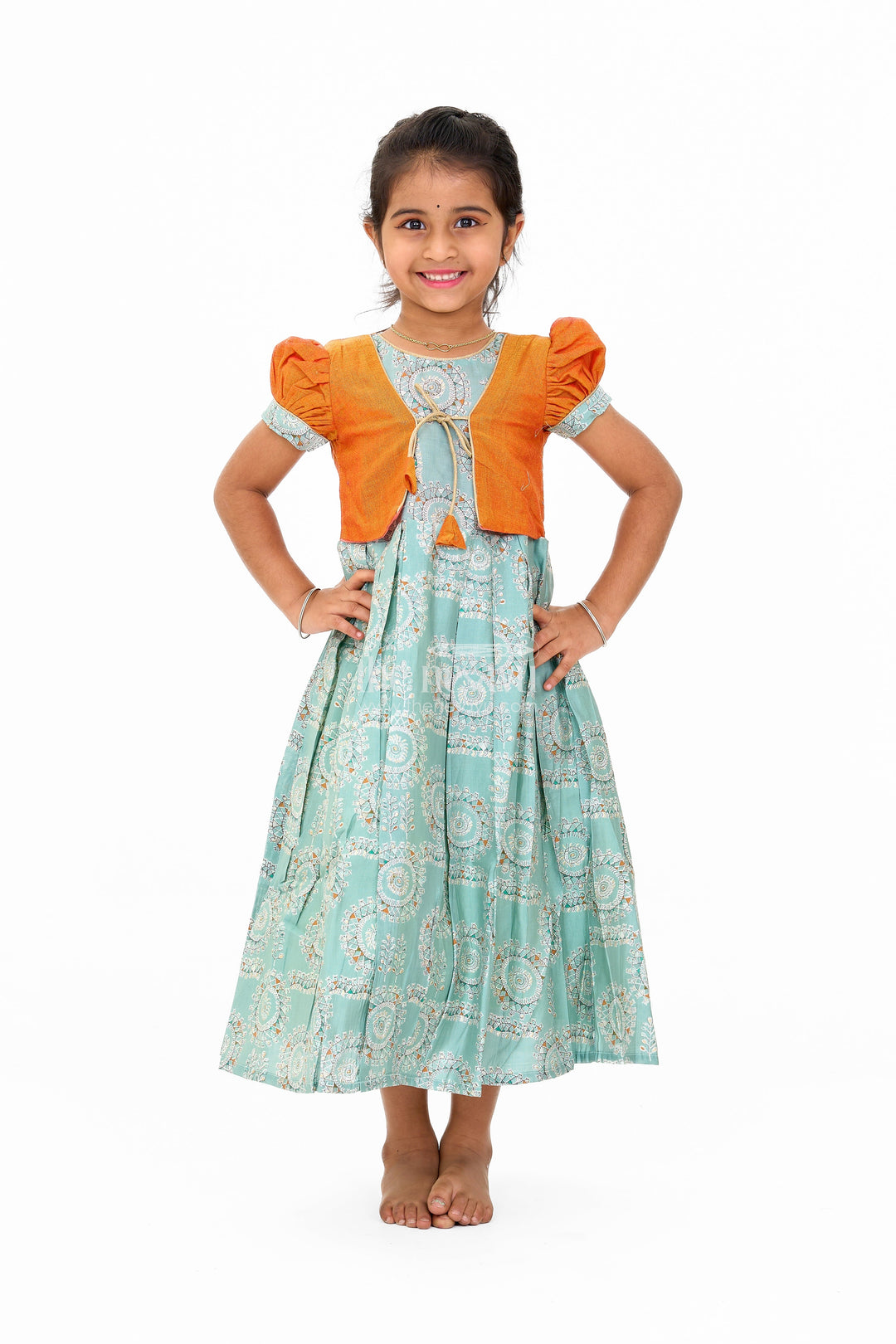 The Nesavu Girls Casual Gown Girls Blue Wedding Anarkali Dress with Traditional Prints and Contrast Orange Short Jacket Nesavu 16 (1Y) / Blue GA290A-16 Girls Blue Wedding Anarkali Dress Traditional Prints Contrast Orange Short Jacket | The Nesavu