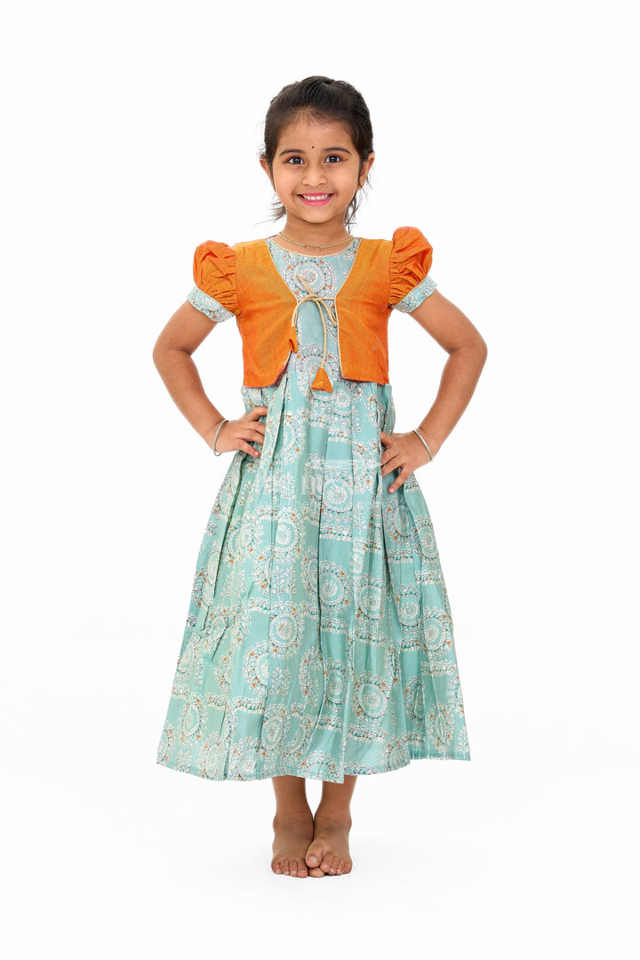 The Nesavu Girls Casual Gown Girls Blue Wedding Anarkali Dress with Traditional Prints and Contrast Orange Short Jacket Nesavu 16 (1Y) / Blue GA290A-16 Girls Blue Wedding Anarkali Dress Traditional Prints Contrast Orange Short Jacket | The Nesavu