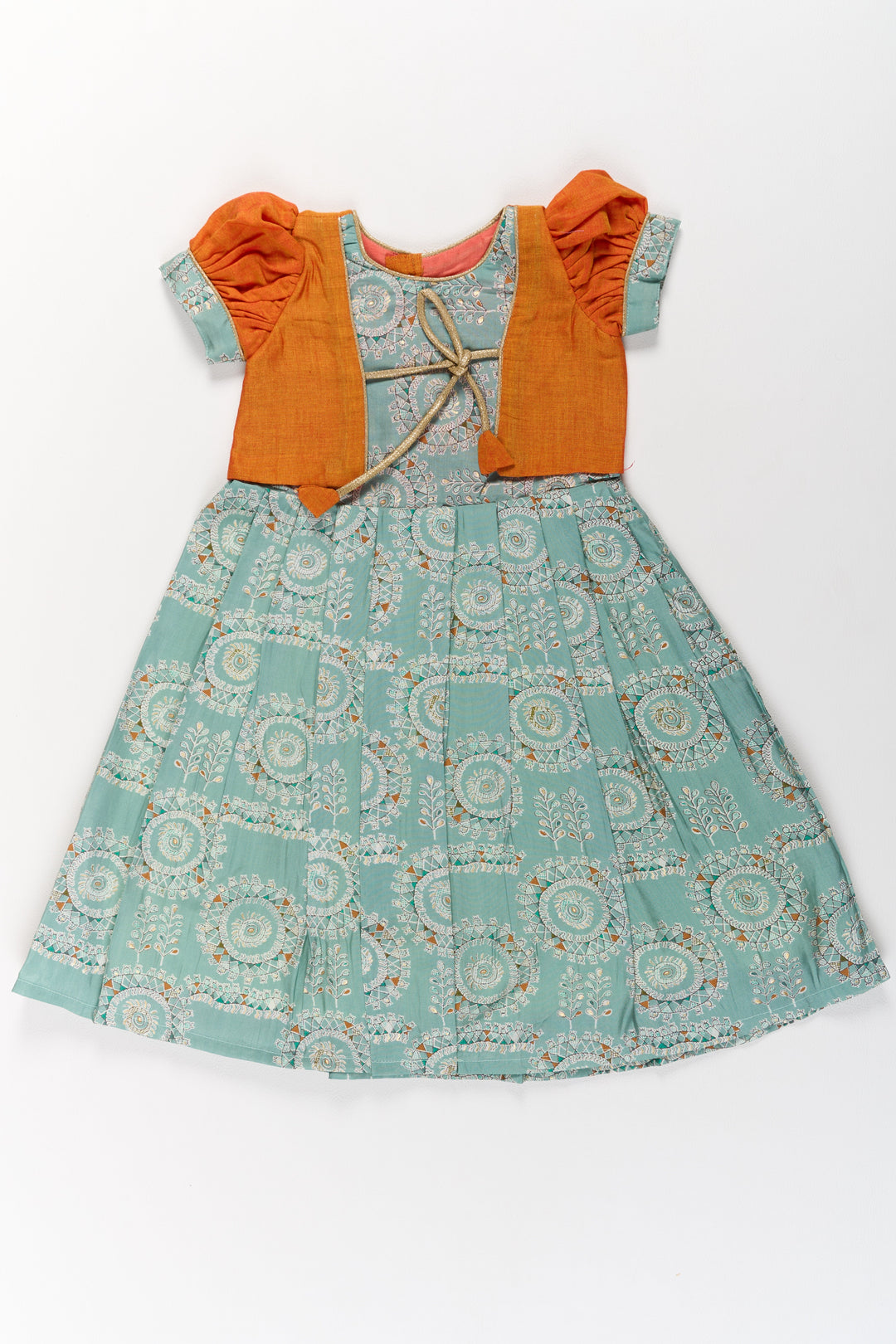 The Nesavu Girls Casual Gown Girls Blue Wedding Anarkali Dress with Traditional Prints and Contrast Orange Short Jacket Nesavu Girls Blue Wedding Anarkali Dress Traditional Prints Contrast Orange Short Jacket | The Nesavu